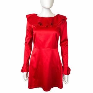 Red Satin Mini Dress Ruffled & Long Sleeved Holiday By Oodji Ultra